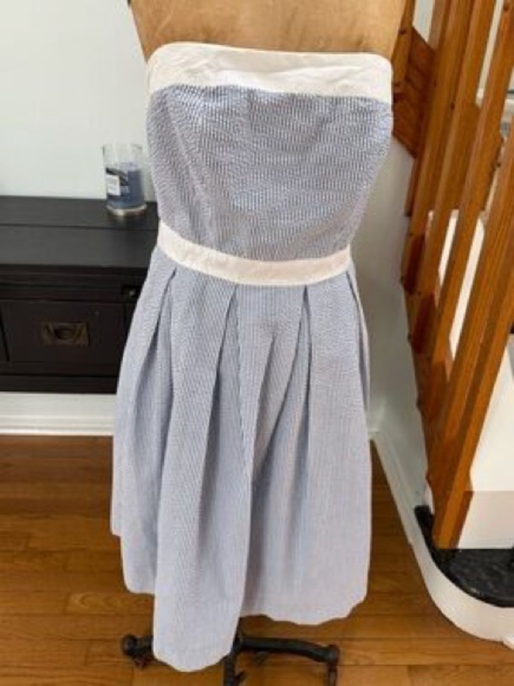 Paraphrase Strapless Seersucker Dress in Blue and White